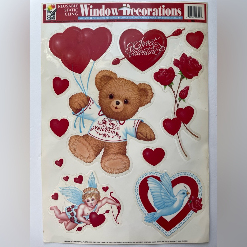 Vintage Valentines window clings. Set of two. Made in USA. 1991